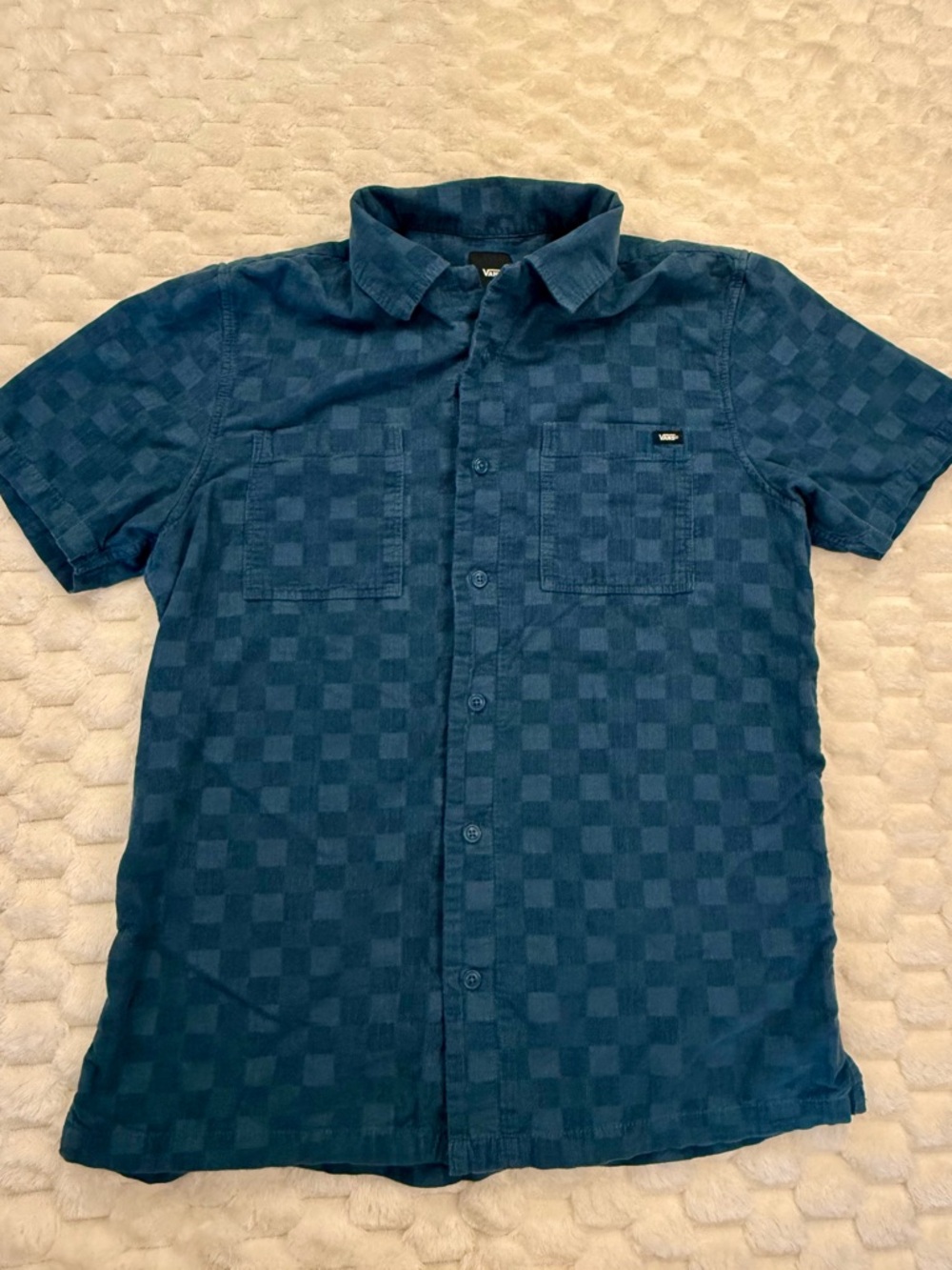 Vans Men's S Blue Corduroy Checkerboard Short Sleeve Button Down Shirt